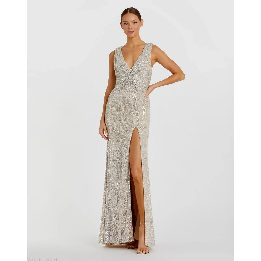 Mac Duggal 26598 Nude Silver Sequin Wrap Waist V-Neck Cocktail Gown Size 4 NWT‎